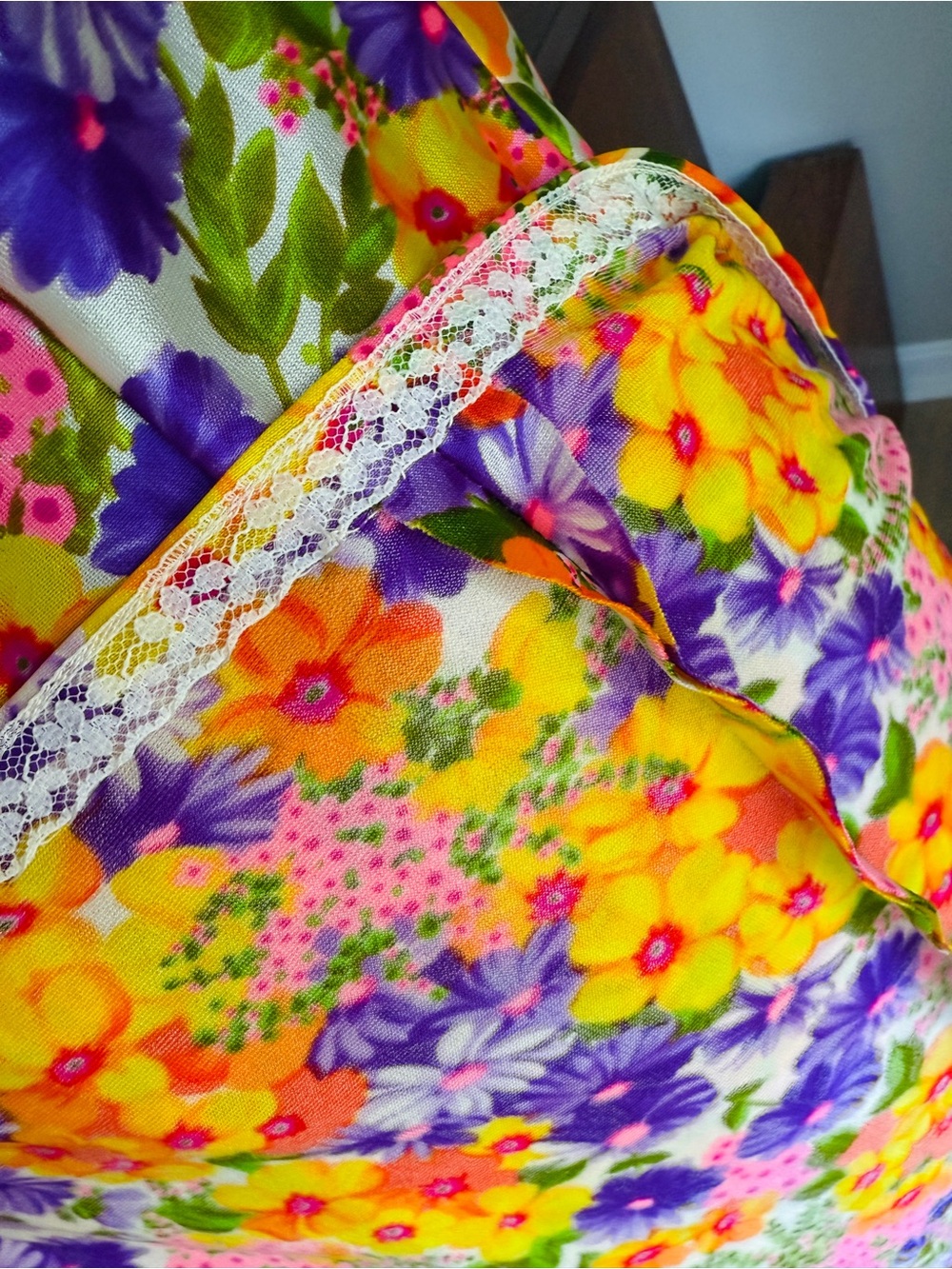Vtg OOAK 60s/70s Mod Floral Daisy Day Glo Handmade Maxi Dress Sz Sm - Picture 6 of 13